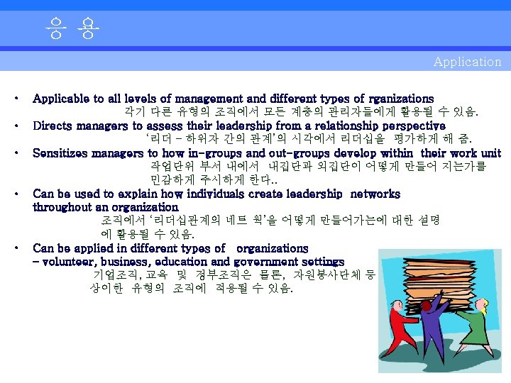 응용 Application • • • Applicable to all levels of management and different types