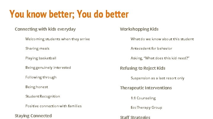 You know better; You do better Connecting with kids everyday Workshopping Kids Welcoming students