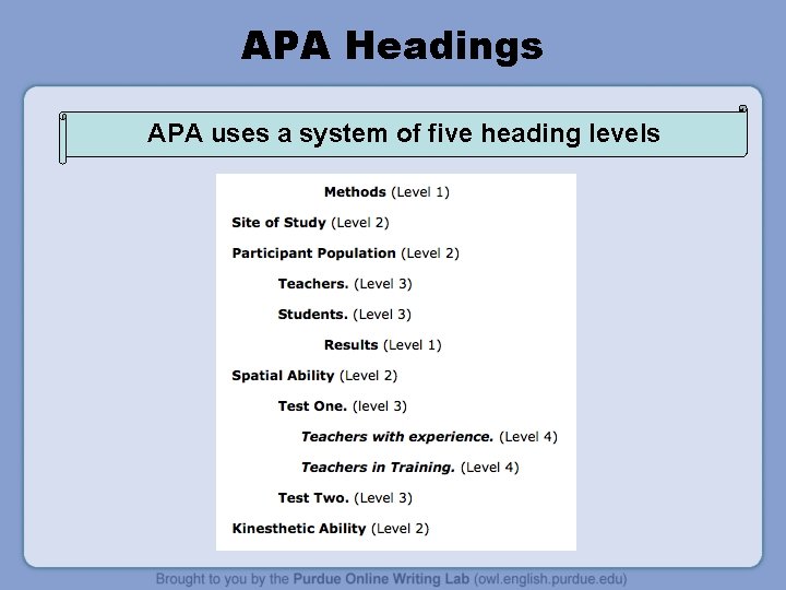 APA Headings APA uses a system of five heading levels 