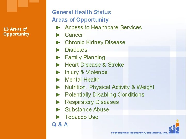 13 Areas of Opportunity General Health Status Areas of Opportunity ► Access to Healthcare