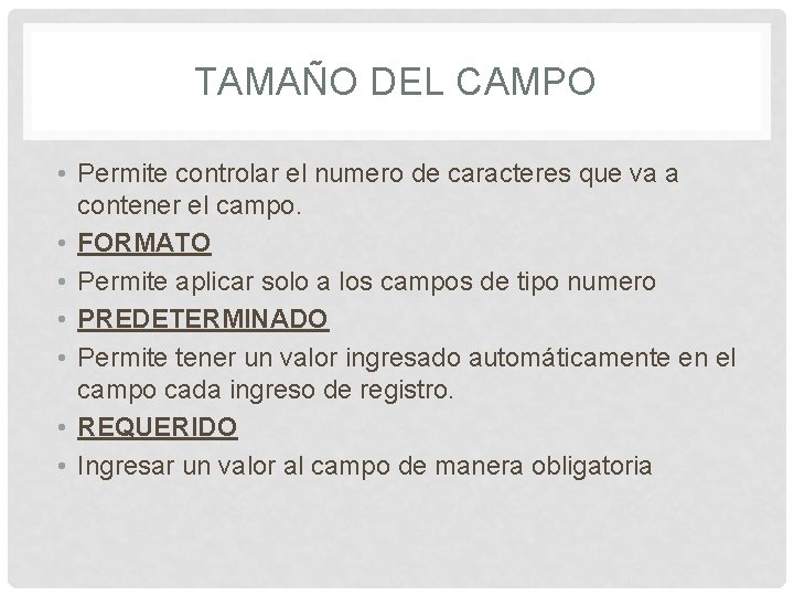 TAMAÑO DEL CAMPO • Permite controlar el numero de caracteres que va a contener