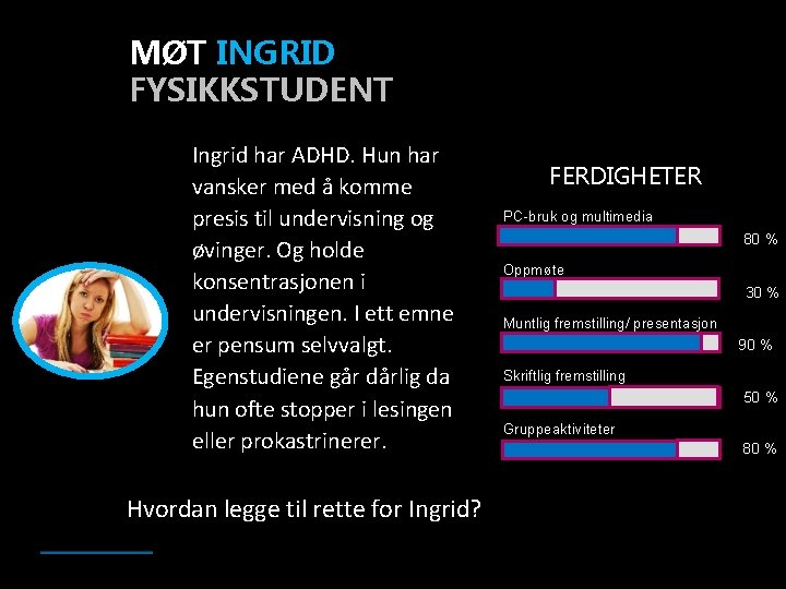 MØT INGRID FYSIKKSTUDENT Ingrid har ADHD. Hun har vansker med å komme presis til