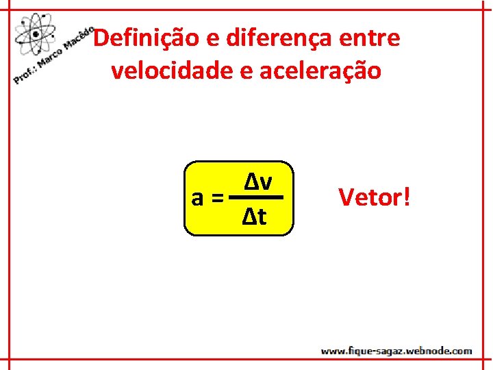 Definição e diferença entre velocidade e aceleração ∆v a= ∆t Vetor! 