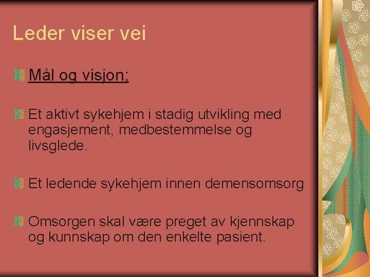 Leder viser vei Mål og visjon; Et aktivt sykehjem i stadig utvikling med engasjement,