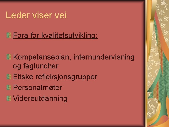 Leder viser vei Fora for kvalitetsutvikling; Kompetanseplan, internundervisning og fagluncher Etiske refleksjonsgrupper Personalmøter Videreutdanning