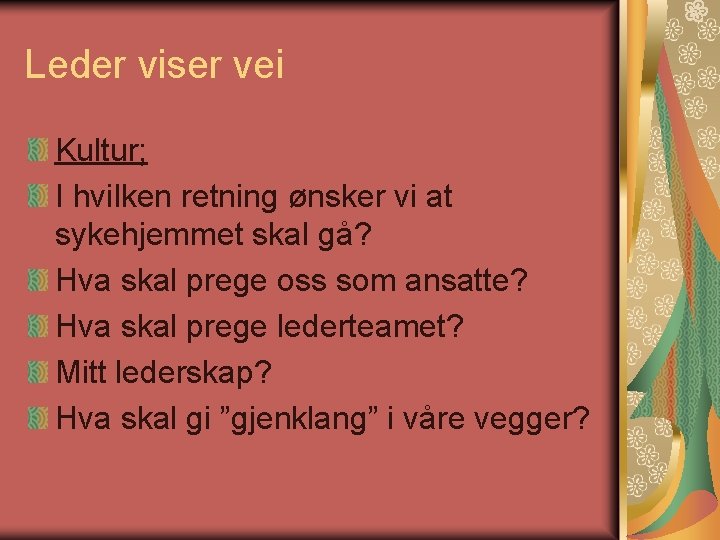 Leder viser vei Kultur; I hvilken retning ønsker vi at sykehjemmet skal gå? Hva