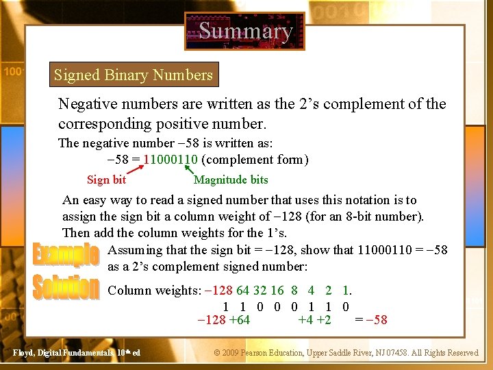 Summary Signed Binary Numbers Negative numbers are written as the 2’s complement of the