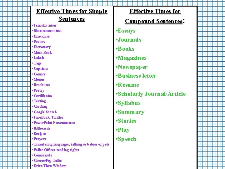 Effective Times for Simple Sentences • Friendly letter • Short answer test • Directions