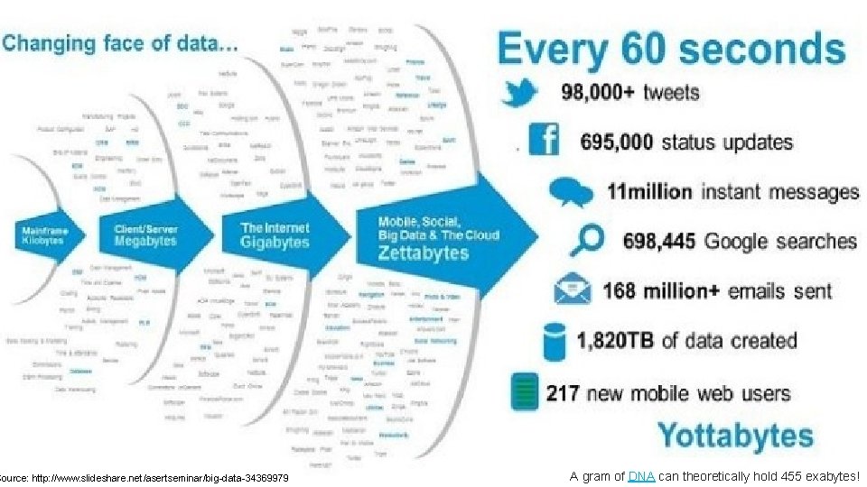 Source: http: //www. slideshare. net/asertseminar/big-data-34369979 A gram of DNA can theoretically hold 455 exabytes!