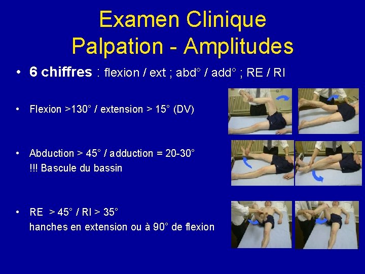 Examen Clinique Palpation - Amplitudes • 6 chiffres : flexion / ext ; abd°