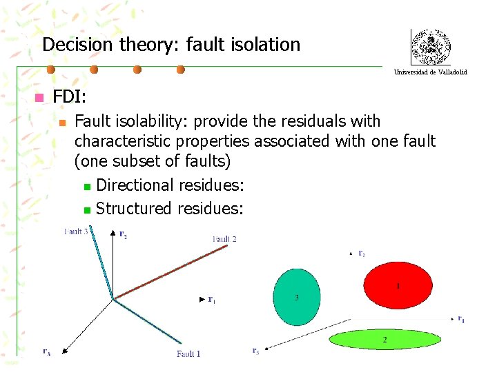 Decision theory: fault isolation Universidad de Valladolid n FDI: n Fault isolability: provide the