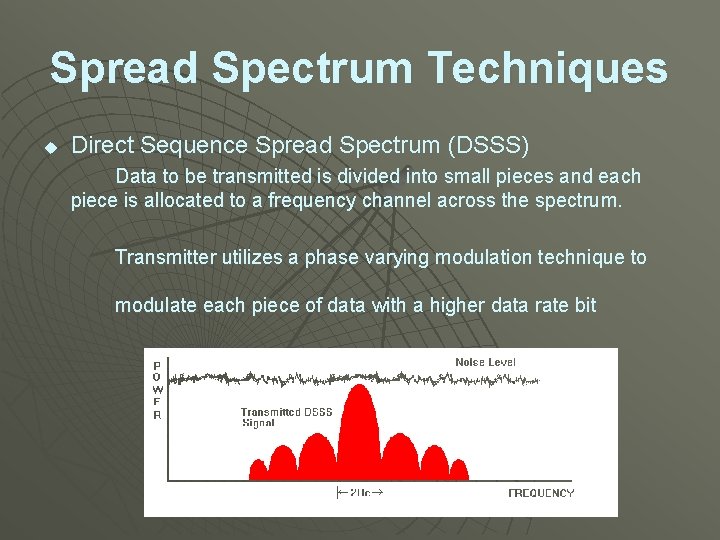 Spread Spectrum Techniques u Direct Sequence Spread Spectrum (DSSS) Data to be transmitted is