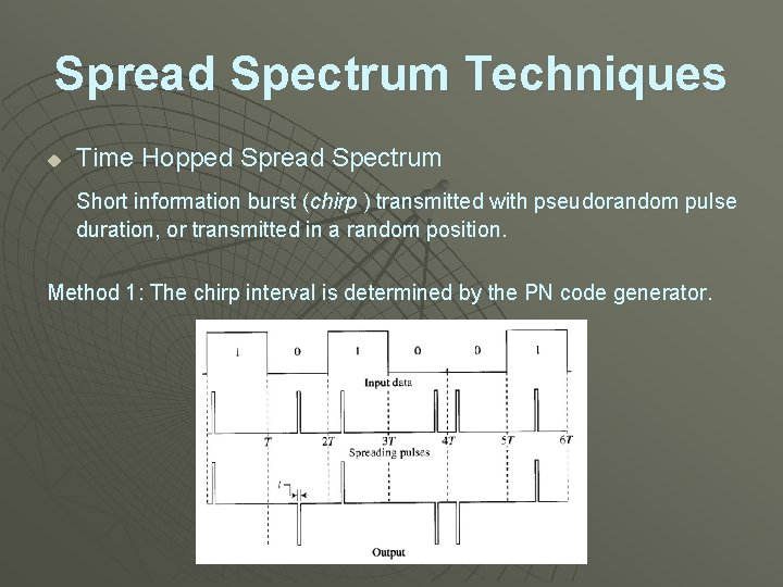 Spread Spectrum Techniques u Time Hopped Spread Spectrum Short information burst (chirp ) transmitted