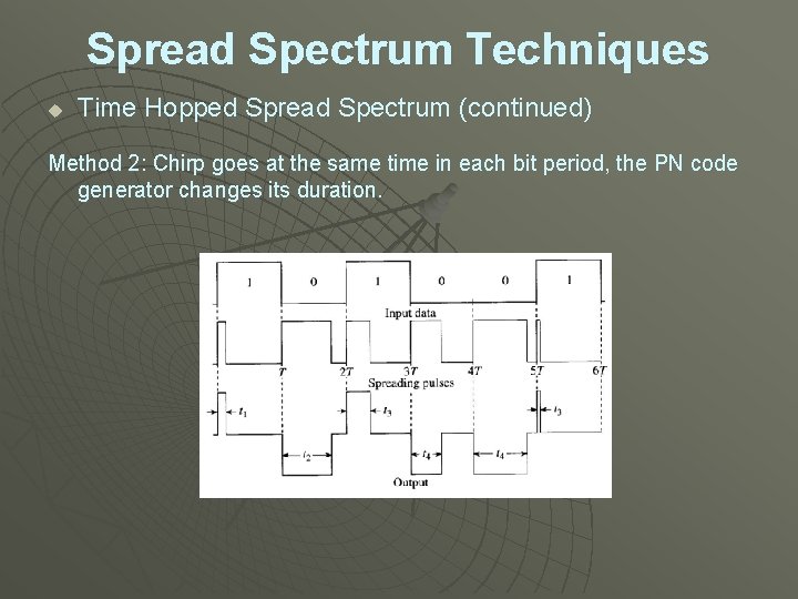 Spread Spectrum Techniques u Time Hopped Spread Spectrum (continued) Method 2: Chirp goes at