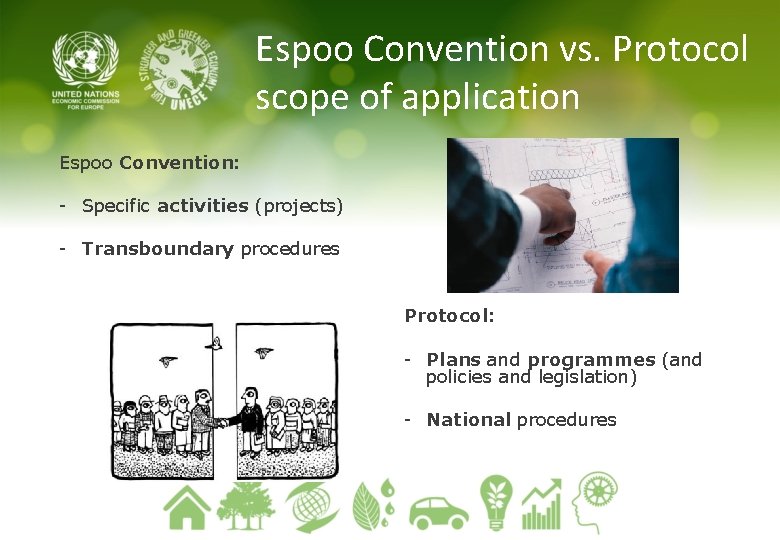 Espoo Convention vs. Protocol scope of application Espoo Convention: - Specific activities (projects) -