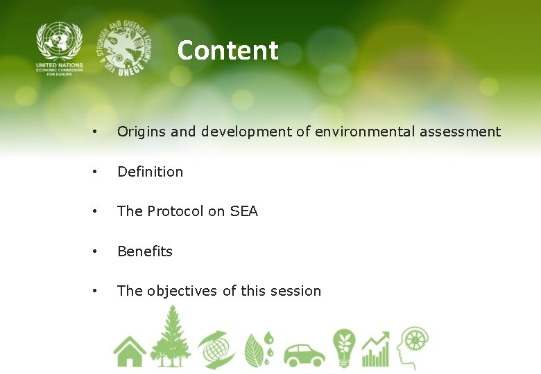 Content • Origins and development of environmental assessment • Definition • The Protocol on