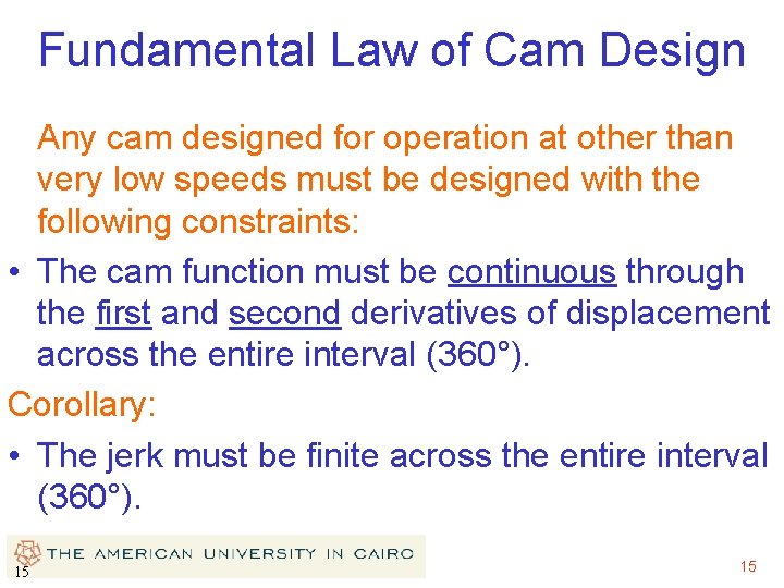 Fundamental Law of Cam Design Any cam designed for operation at other than very