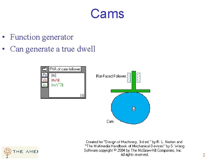 Cams • Function generator • Can generate a true dwell 2 2 