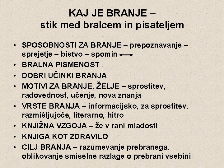 KAJ JE BRANJE – stik med bralcem in pisateljem • SPOSOBNOSTI ZA BRANJE –