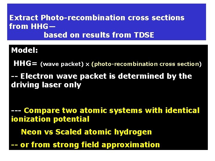 Extract Photo-recombination cross sections from HHG— based on results from TDSE Model: HHG= (wave