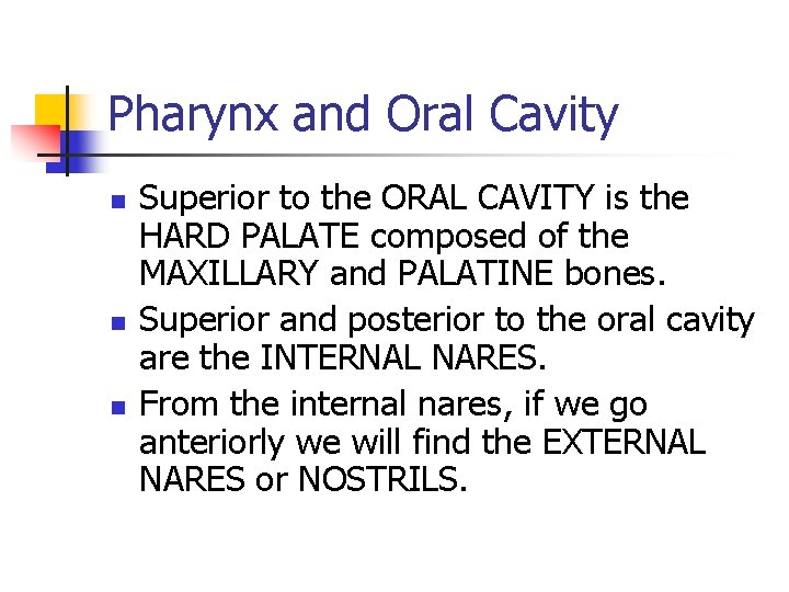 Pharynx and Oral Cavity n n n Superior to the ORAL CAVITY is the Pharynx and Oral Cavity n n n Superior to the ORAL CAVITY is the