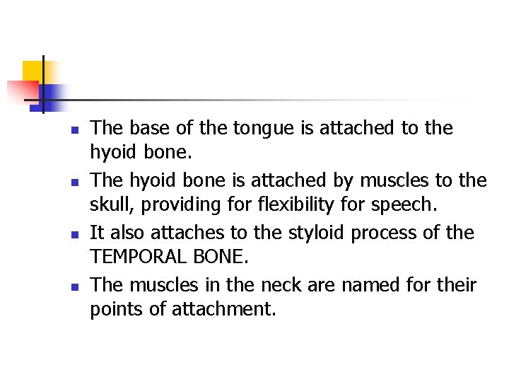 n n The base of the tongue is attached to the hyoid bone. The n n The base of the tongue is attached to the hyoid bone. The
