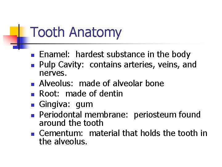 Tooth Anatomy n n n n Enamel: hardest substance in the body Pulp Cavity: Tooth Anatomy n n n n Enamel: hardest substance in the body Pulp Cavity: