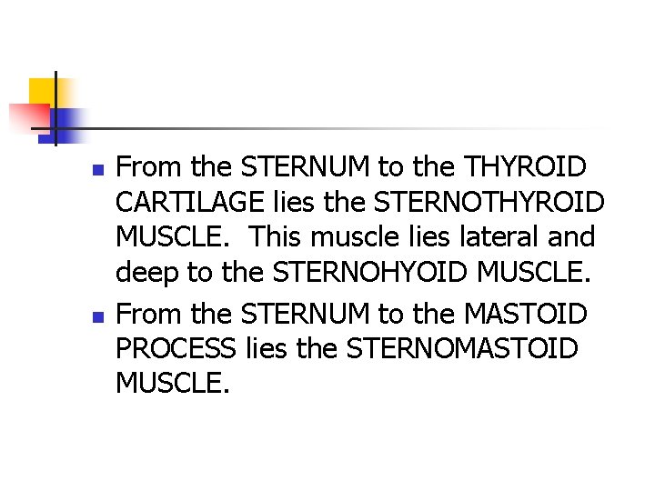 n n From the STERNUM to the THYROID CARTILAGE lies the STERNOTHYROID MUSCLE. This n n From the STERNUM to the THYROID CARTILAGE lies the STERNOTHYROID MUSCLE. This