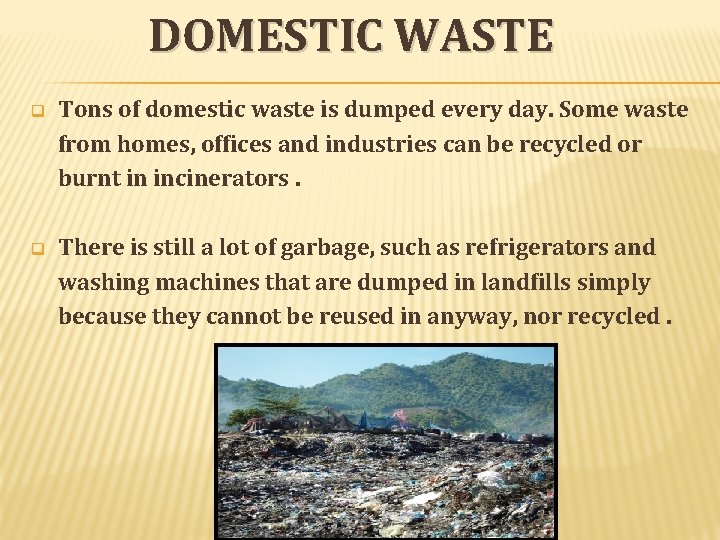 DOMESTIC WASTE q Tons of domestic waste is dumped every day. Some waste from DOMESTIC WASTE q Tons of domestic waste is dumped every day. Some waste from