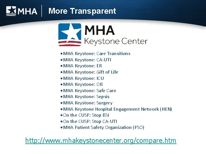 More Transparent MHA Keystone: Care Transitions MHA Keystone: CA-UTI MHA Keystone: ER MHA Keystone: