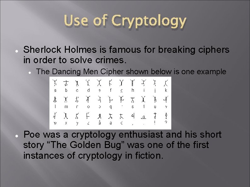 Use of Cryptology Sherlock Holmes is famous for breaking ciphers in order to solve