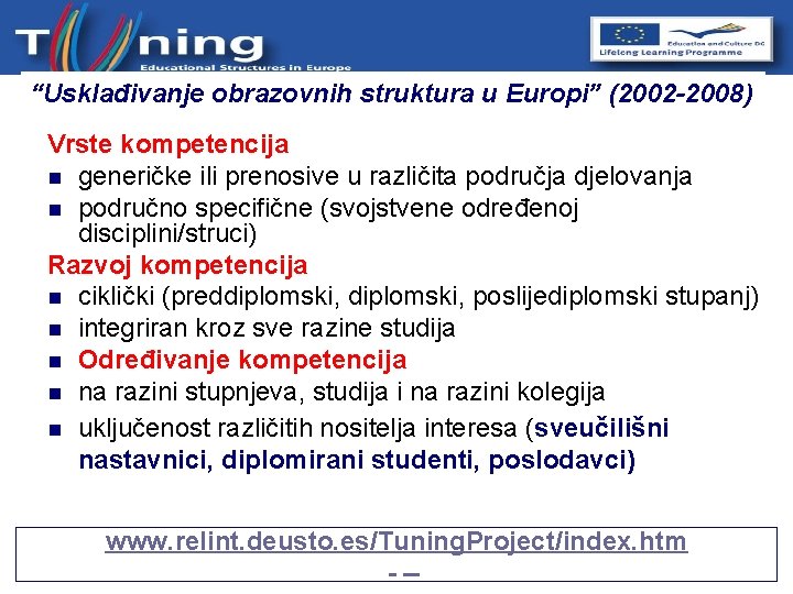 “Usklađivanje obrazovnih struktura u Europi” (2002 -2008) Vrste kompetencija n generičke ili prenosive u “Usklađivanje obrazovnih struktura u Europi” (2002 -2008) Vrste kompetencija n generičke ili prenosive u