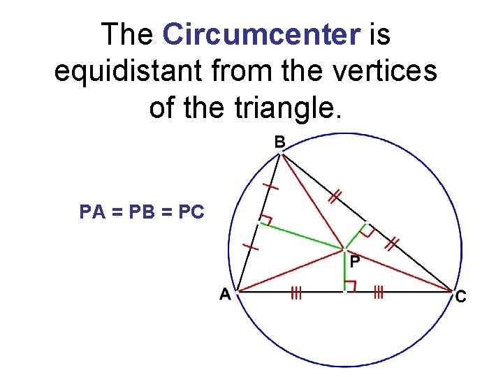 The Circumcenter is equidistant from the vertices of the triangle. PA = PB =