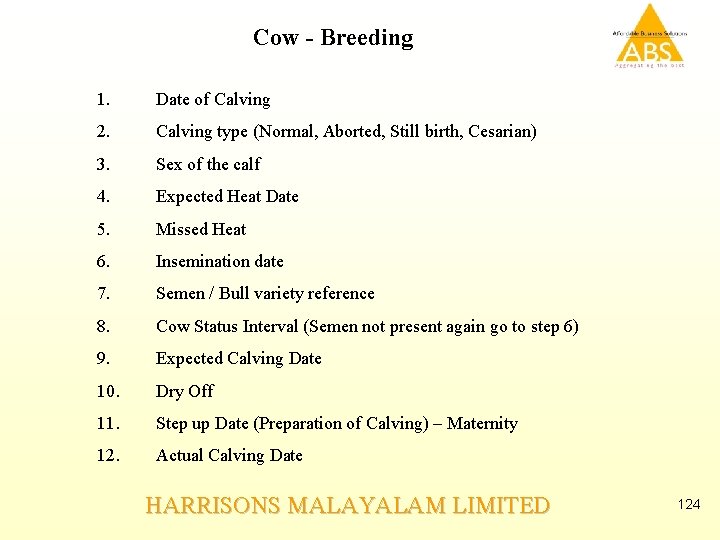 Cow - Breeding 1. Date of Calving 2. Calving type (Normal, Aborted, Still birth,