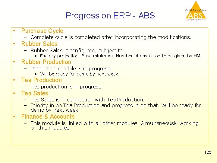 Progress on ERP - ABS • Purchase Cycle – Complete cycle is completed after