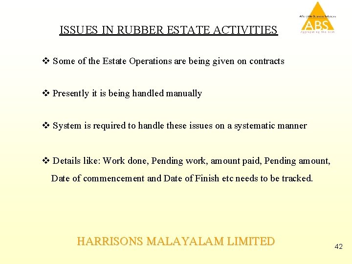 ISSUES IN RUBBER ESTATE ACTIVITIES v Some of the Estate Operations are being given