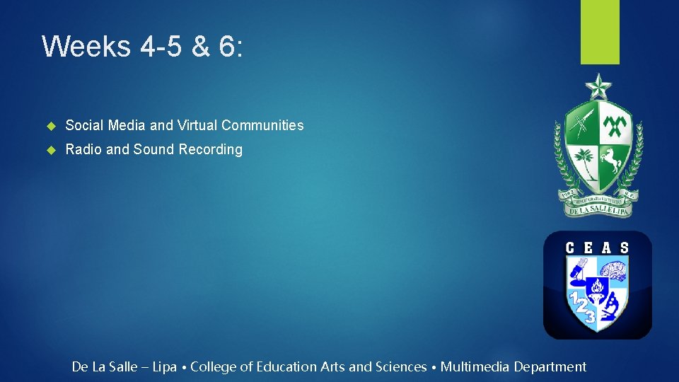 Weeks 4 -5 & 6: Social Media and Virtual Communities Radio and Sound Recording