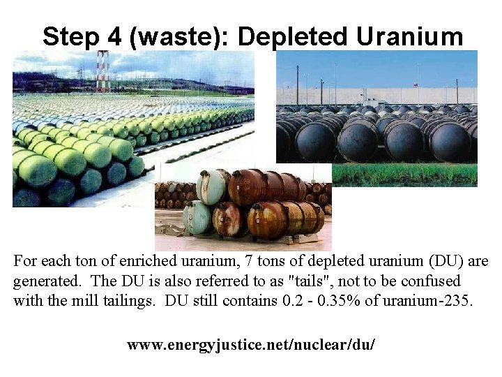 Step 4 (waste): Depleted Uranium For each ton of enriched uranium, 7 tons of