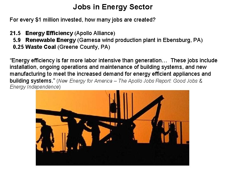 Jobs in Energy Sector For every $1 million invested, how many jobs are created?