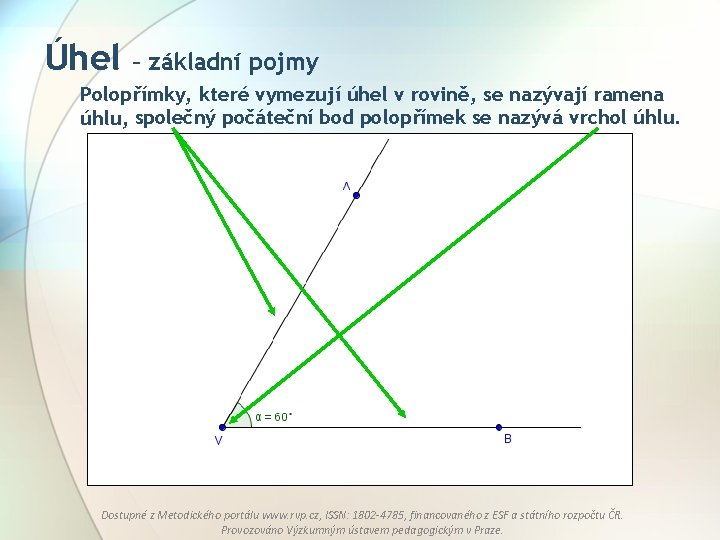 Úhel – základní pojmy Polopřímky, které vymezují úhel v rovině, se nazývají ramena úhlu,