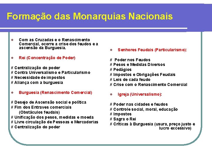 Formação das Monarquias Nacionais l l Com as Cruzadas e o Renascimento Comercial, ocorre Formação das Monarquias Nacionais l l Com as Cruzadas e o Renascimento Comercial, ocorre