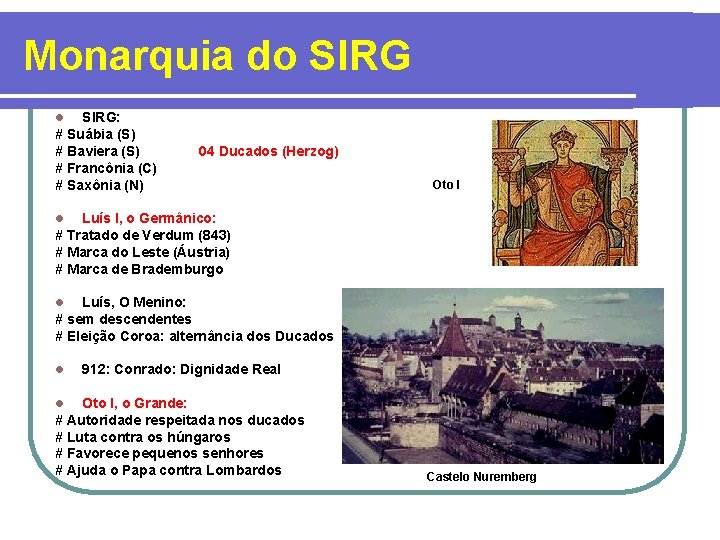 Monarquia do SIRG: # Suábia (S) # Baviera (S) # Francônia (C) # Saxônia