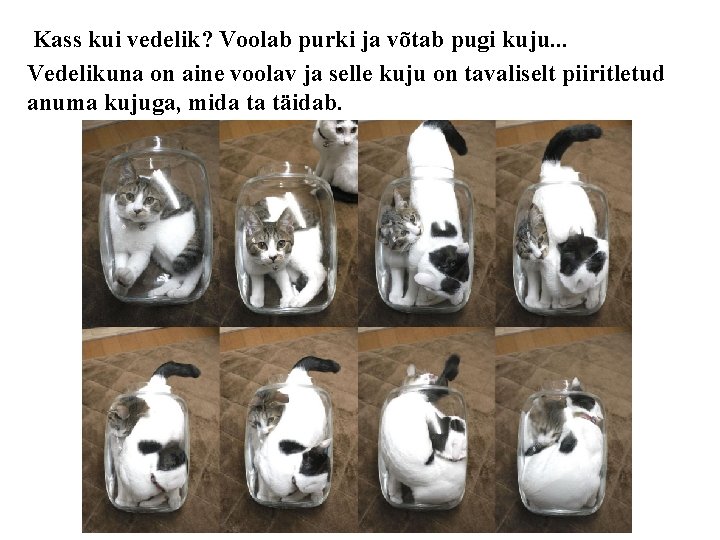 Kass kui vedelik? Voolab purki ja võtab pugi kuju. . . Vedelikuna on aine