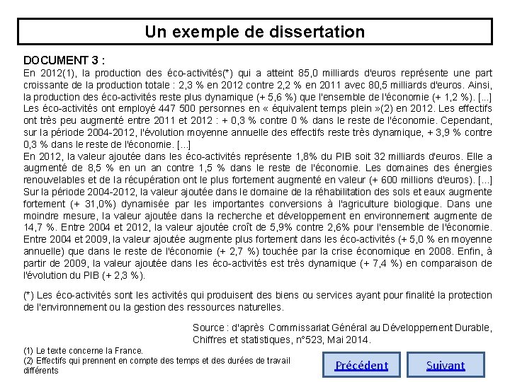 Un exemple de dissertation DOCUMENT 3 : En 2012(1), la production des éco-activités(*) qui