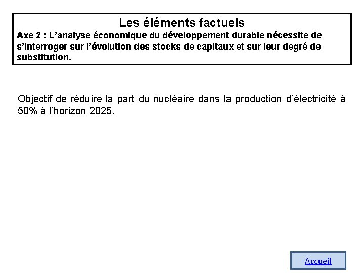 Les éléments factuels Axe 2 : L’analyse économique du développement durable nécessite de s’interroger