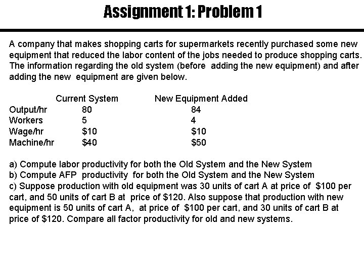 Assignment 1: Problem 1 A company that makes shopping carts for supermarkets recently purchased