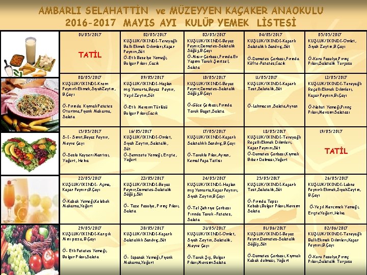 AMBARLI SELAHATTİN ve MÜZEYYEN KAÇAKER ANAOKULU 2016 -2017 MAYIS AYI KULÜP YEMEK LİSTESİ 01/05/2017