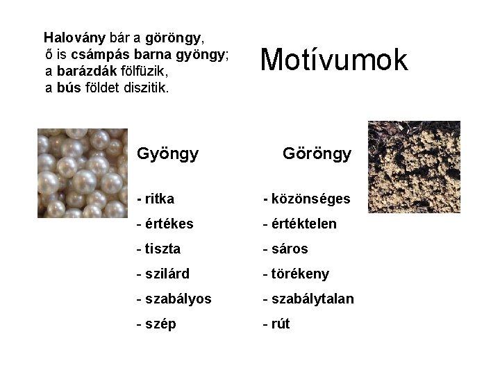 Halovány bár a göröngy, ő is csámpás barna gyöngy; a barázdák fölfüzik, a bús