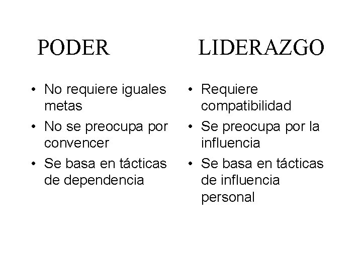 PODER • No requiere iguales metas • No se preocupa por convencer • Se