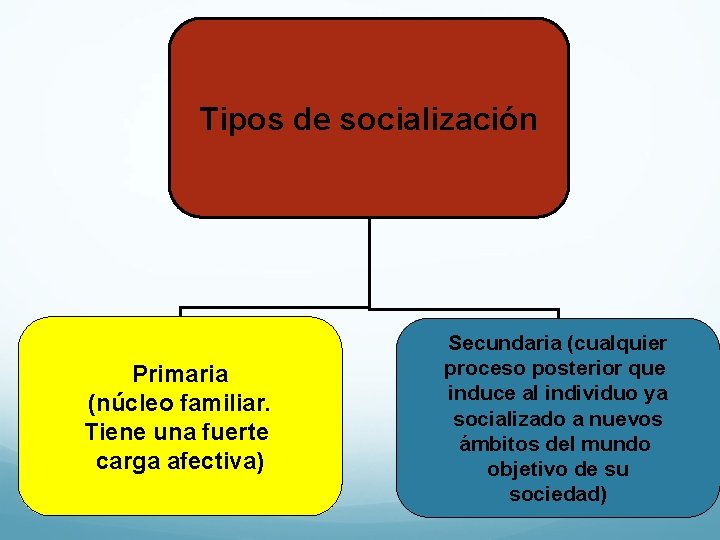 Tipos de socialización Primaria (núcleo familiar. Tiene una fuerte carga afectiva) Secundaria (cualquier proceso